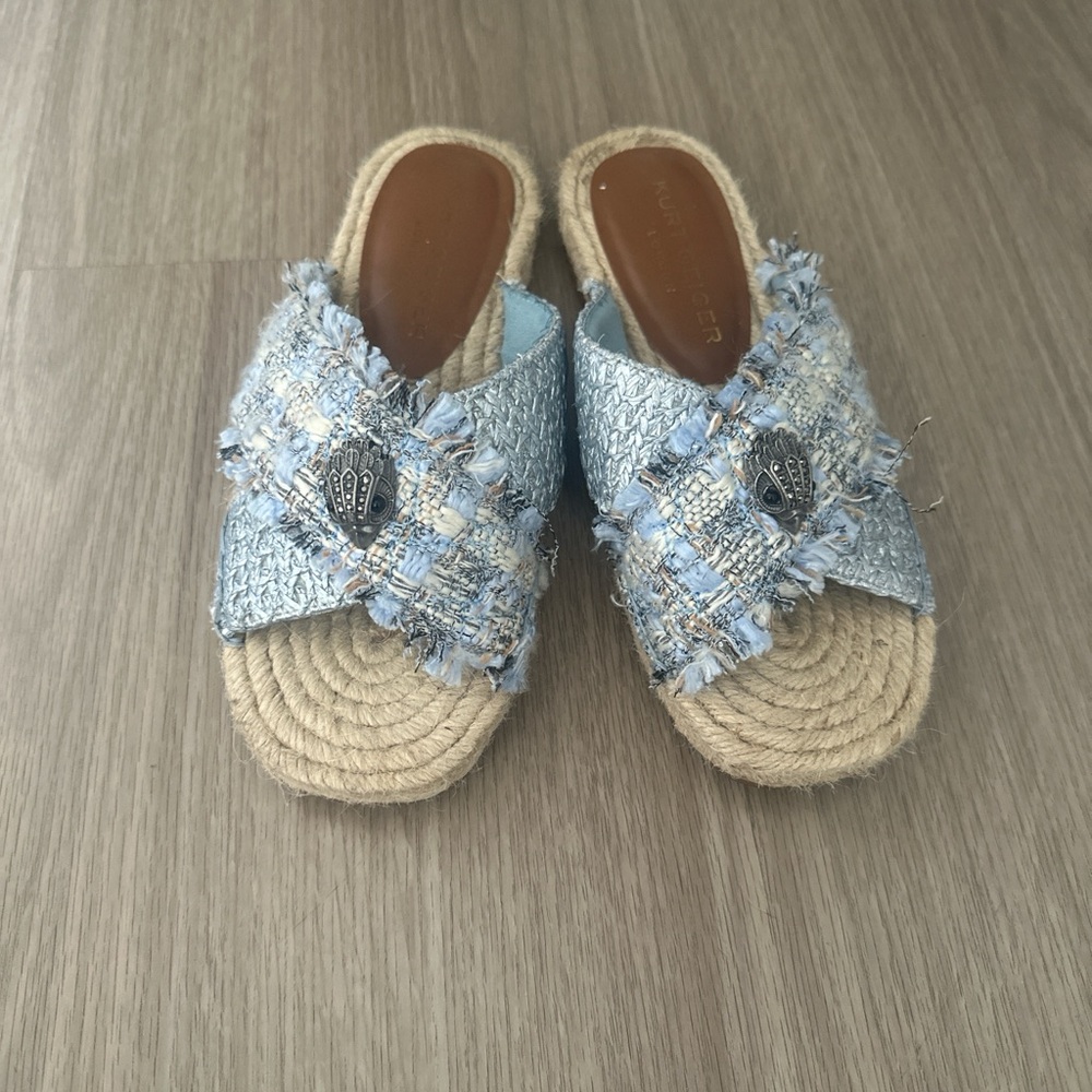 Kurt Geiger Light Blue Tweed Espadrille Slide Sandals